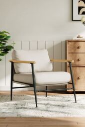 H&O Direct Linen Armchair with Metal Frame & Thick Cushion in Beige