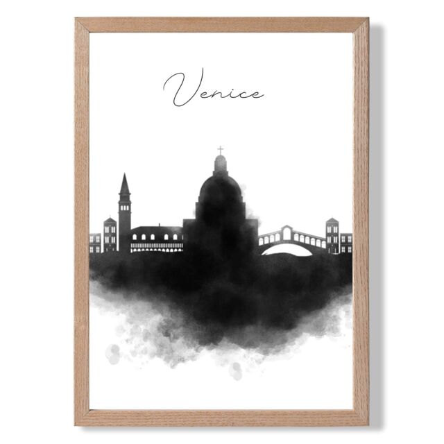 ARTZE Venice Watercolour Skyline City Framed Print SIZE: A4 with Oak Frame in Black - image 1