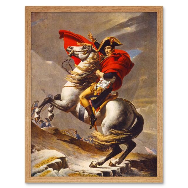 "Artery8 Wall Art Print Napoleon Bonaparte Portrait Painting France Emperor Crossing the Alps on a Horse Art Framed in Light Oak - Size: W12"" x H16""" - image 1