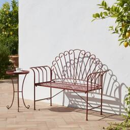 Wyld and Coco Burgundy Iron 2-Seater Outdoor Bench - Retro Style with Flared Arms in Red
