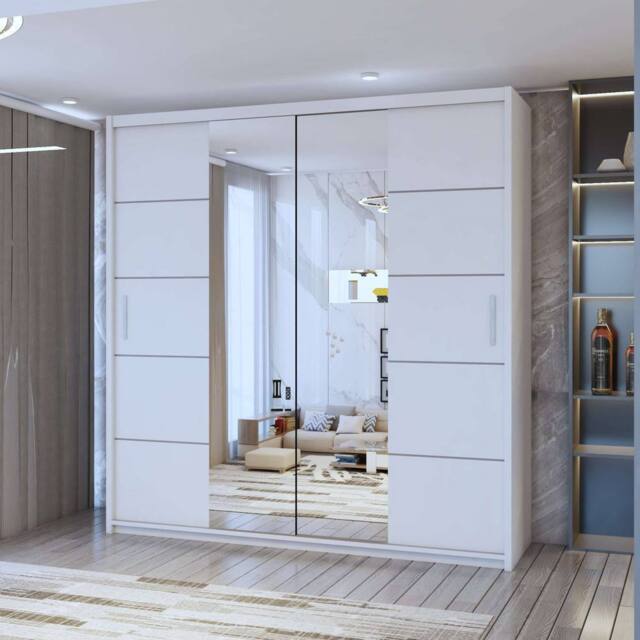 Sliding Wardrobes 4U Eden Double Mirror Sliding Door Wardrobe 150cm X 217cm in White - Size: 150 cm X 217 cm - image 1