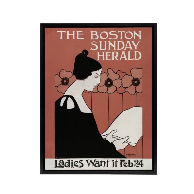 "Artery8 Herald Cover Poppies Art Nouveau Framed Canvas Wall Art Print Ethel Reed in Red - Size: W18"" x H24""" - image 1