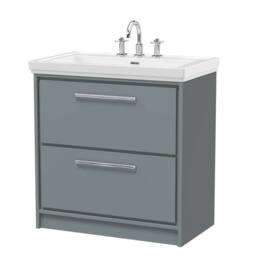 Balterley Bathroom Floor 2-Drawer Vanity Unit with Fireclay Basin, Grey, 800mm in Grey - thumbnail 1