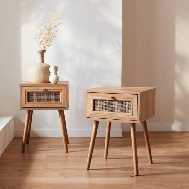 sweeek Pair Of Woven Rattan Bedside Tables With Drawer in Light Brown - image 1