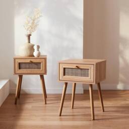 sweeek Pair Of Woven Rattan Bedside Tables With Drawer in Light Brown - thumbnail 1