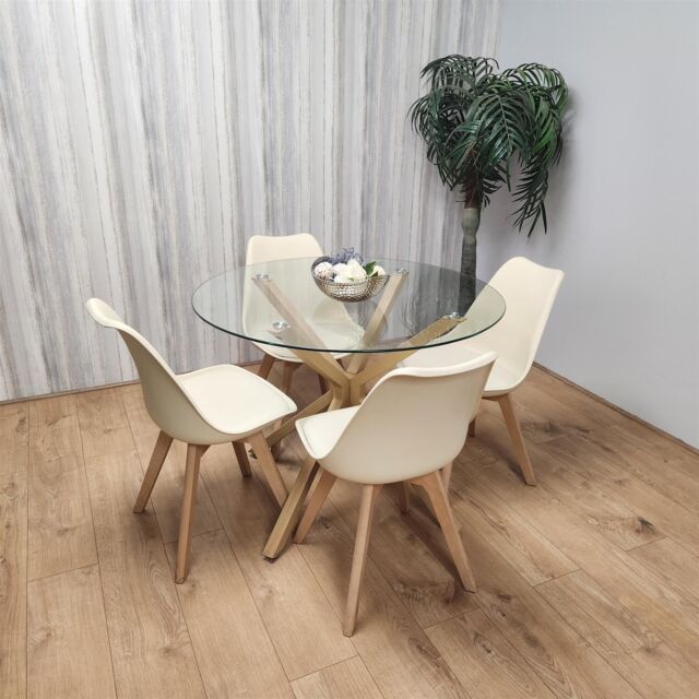 KOSY KOALA Round Glass Dining Table Set With 4 Cream Plastic Chairs Dining Room Furniture in Brown - image 1