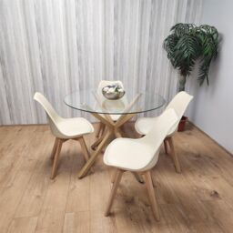KOSY KOALA Round Glass Dining Table Set With 4 Cream Plastic Chairs Dining Room Furniture in Brown - thumbnail 6