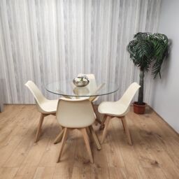 KOSY KOALA Round Glass Dining Table Set With 4 Cream Plastic Chairs Dining Room Furniture in Brown - thumbnail 2