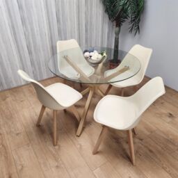 KOSY KOALA Round Glass Dining Table Set With 4 Cream Plastic Chairs Dining Room Furniture in Brown - thumbnail 5