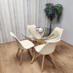 KOSY KOALA Round Glass Dining Table Set With 4 Cream Plastic Chairs Dining Room Furniture in Brown - thumbnail 8