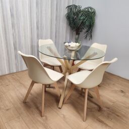 KOSY KOALA Round Glass Dining Table Set With 4 Cream Plastic Chairs Dining Room Furniture in Brown - thumbnail 3
