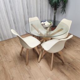 KOSY KOALA Round Glass Dining Table Set With 4 Cream Plastic Chairs Dining Room Furniture in Brown - thumbnail 7