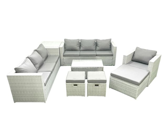 Fimous Wicker PE Rattan Sofa Garden Furniture Set with Armchair Oblong Coffee Table 3 Footstools Side Table Light Grey Mixed - image 1