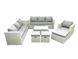Fimous Wicker PE Rattan Sofa Garden Furniture Set with Armchair Oblong Coffee Table 3 Footstools Side Table Light Grey Mixed - thumbnail 2