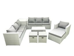 Fimous Wicker PE Rattan Sofa Garden Furniture Set with Armchair Oblong Coffee Table 3 Footstools Side Table Light Grey Mixed - thumbnail 1