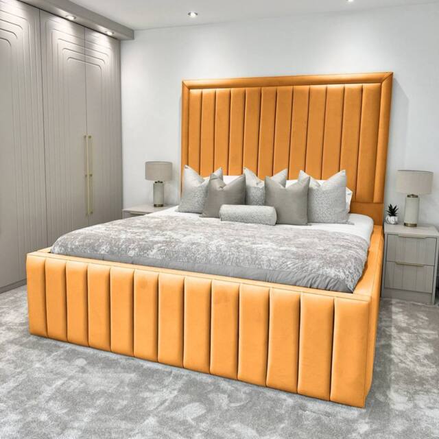 UK Bed Furniture Hampton Upholstered Bed Frame with 54-Inch Headboard - Slatted Base in Mustard - Size: Single - image 1