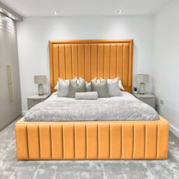 UK Bed Furniture Hampton Upholstered Bed Frame with 54-Inch Headboard - Slatted Base in Mustard - Size: Single - thumbnail 2