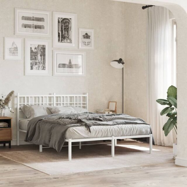 Berkfield Home Metal Bed Frame without Mattress with Headboard White 120x200cm - Size: Small Double - image 1