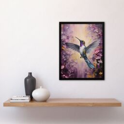 Artery8 Wall Art Print Hummingbird In An Abstract Lavender Flower Field Bright Oil Painting Art Framed in Black - Size: A4 - thumbnail 4