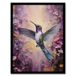 Artery8 Wall Art Print Hummingbird In An Abstract Lavender Flower Field Bright Oil Painting Art Framed in Black - Size: A4 - thumbnail 1