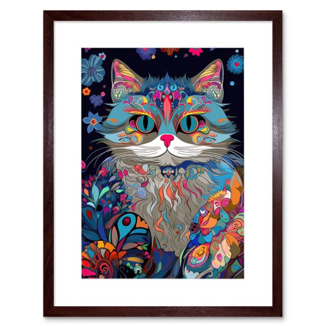 "Artery8 Wall Art Print Alice in Wonderland Original Cheshire Cat Colourful Psychedelic Floral Pattern Artwork Framed 9X7 Inch - Size: W7"" x H9""" - image 1