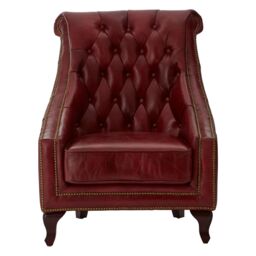 Orsina Red Leather Studded Armchair, Stately Lounge Chair With Quilted Backrest, Copper Studded Armrest Chair - thumbnail 3