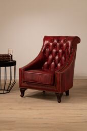 Orsina Red Leather Studded Armchair, Stately Lounge Chair With Quilted Backrest, Copper Studded Armrest Chair - thumbnail 2