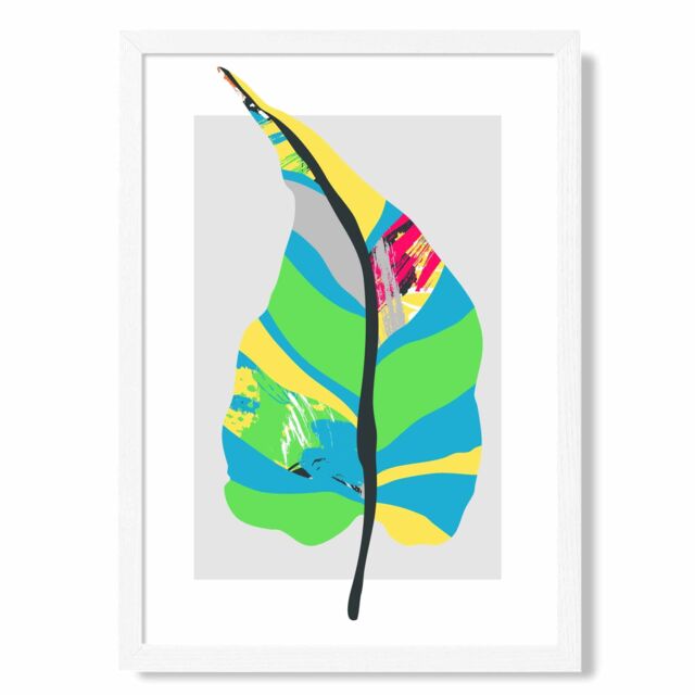 ARTZE Tropical Plant Blue & Green Abstract Minimalist Framed Print SIZE: A3 with White Frame in Mid Blue - Size: A4 - image 1