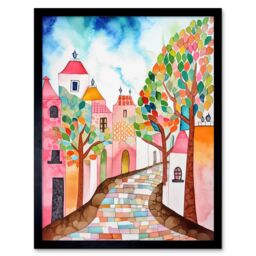 "Artery8 Wall Art Print Cobblestone Street In Spring Folk Art Framed in Black - Size: W12"" x H16""" - thumbnail 1