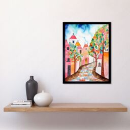 "Artery8 Wall Art Print Cobblestone Street In Spring Folk Art Framed in Black - Size: W12"" x H16""" - thumbnail 2