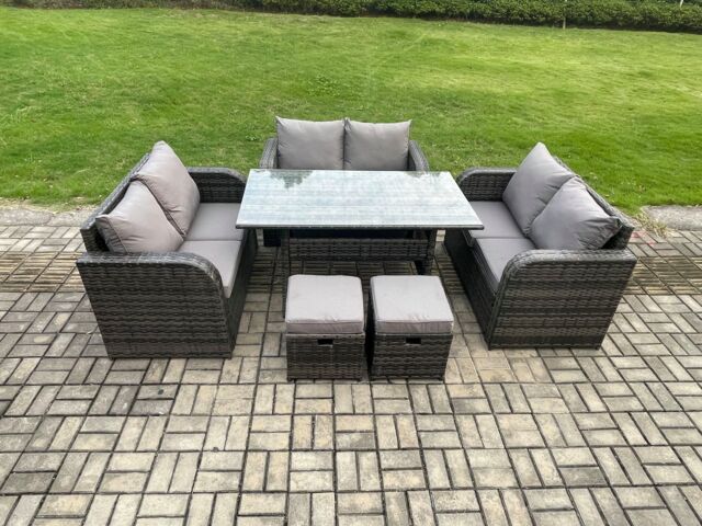 Fimous 8 Seater Outdoor Rattan Garden Furniture Set with Patio Rectangular Dining Table Love Sofa 2 Small Footstools Dark Grey Mixed - image 1