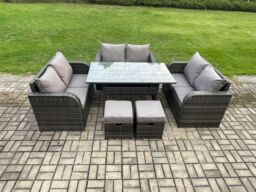 Fimous 8 Seater Outdoor Rattan Garden Furniture Set with Patio Rectangular Dining Table Love Sofa 2 Small Footstools Dark Grey Mixed - thumbnail 1