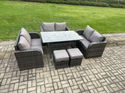 Fimous 8 Seater Outdoor Rattan Garden Furniture Set with Patio Rectangular Dining Table Love Sofa 2 Small Footstools Dark Grey Mixed - thumbnail 2