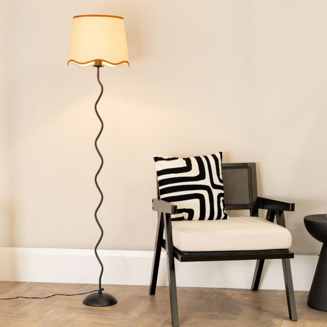 ValueLights Wiggle Black Metal Floor Lamp with Linen Scallop Trim Tapered Lamp Shade & Bulb in Burnt Orange - image 1