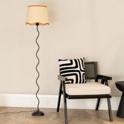 ValueLights Wiggle Black Metal Floor Lamp with Linen Scallop Trim Tapered Lamp Shade & Bulb in Burnt Orange - thumbnail 3