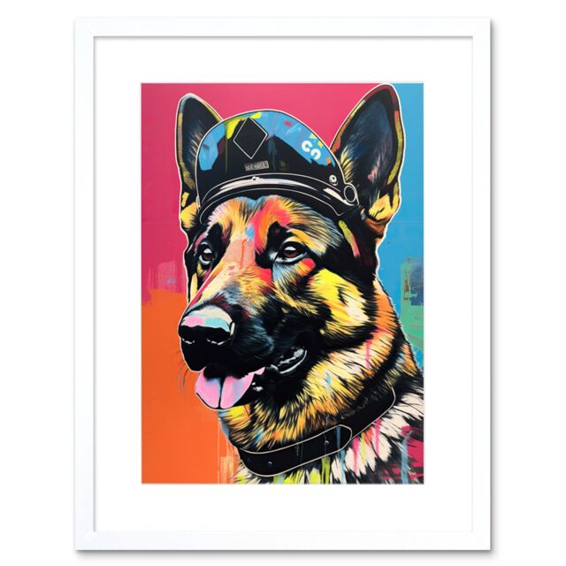 "Artery8 Wall Art Print German Shepherd Wearing Police Hat Modern Pop Artwork Framed 9X7 Inch in White - Size: W7"" x H9""" - image 1