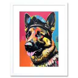 "Artery8 Wall Art Print German Shepherd Wearing Police Hat Modern Pop Artwork Framed 9X7 Inch in White - Size: W7"" x H9""" - thumbnail 1