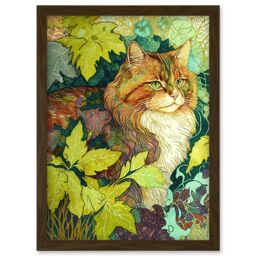 Artery8 Ginger Cat Hiding in the Bush Tree Modern Colourful Illustration Artwork Framed Wall Art Print A4 in Brown - thumbnail 1
