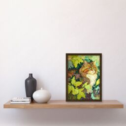 Artery8 Ginger Cat Hiding in the Bush Tree Modern Colourful Illustration Artwork Framed Wall Art Print A4 in Brown - thumbnail 2