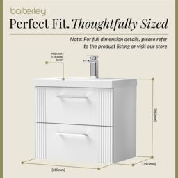 Balterley Wall Hung 2 Drawers Vanity Unit - Mid-Edge Basin 600mm, Satin White - thumbnail 5
