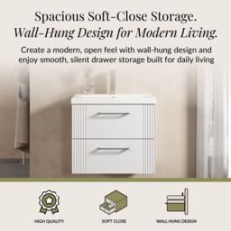Balterley Wall Hung 2 Drawers Vanity Unit - Mid-Edge Basin 600mm, Satin White - thumbnail 3