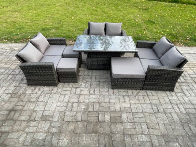 Fimous Wicker PE Rattan Garden Furniture Set Height Adjustable Rising Lifting Table Sofa Dining Set with 3 Footstools in Dark Grey - image 1