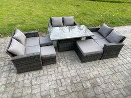 Fimous Wicker PE Rattan Garden Furniture Set Height Adjustable Rising Lifting Table Sofa Dining Set with 3 Footstools in Dark Grey - thumbnail 2