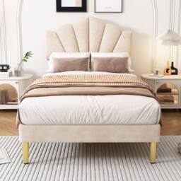 ModernLuxe Velvet upholstered single kids bed with adjustable headboard in Beige - thumbnail 6