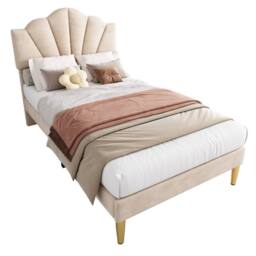 ModernLuxe Velvet upholstered single kids bed with adjustable headboard in Beige - thumbnail 7