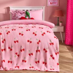 OHS Cherry Print Flannel Fleece Throw Blanket Soft Bedspread in Pink - Size: 125 cm x 150 cm