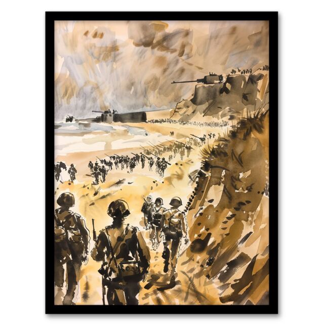 "Artery8 WWII D Day Landing Normandy War Tanks Soldiers Framed Art Print in Light Brown - Size: W12"" x H16""" - image 1