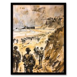 "Artery8 WWII D Day Landing Normandy War Tanks Soldiers Framed Art Print in Light Brown - Size: W12"" x H16""" - thumbnail 1