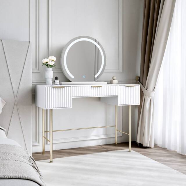 CARME HOME Lara White Dressing Table with Elsie LED Mirror (White Base) - image 1