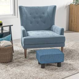 Wyld Haus Fatopa Blue Linen Footstool Compact Rectangular Stool 4 Plastic Feet - thumbnail 3